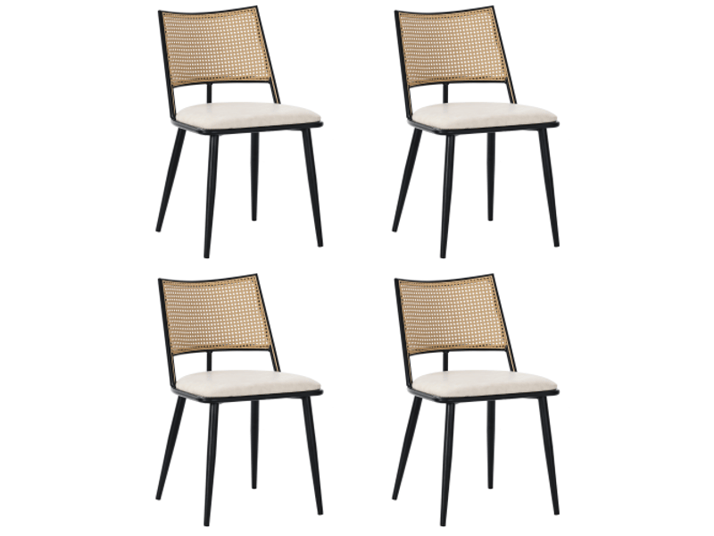  Lot de 4 chaises de salle à manger, chaise de cuisine, dossier en rotin, chaise de salon, pu, noir  - Conforama A