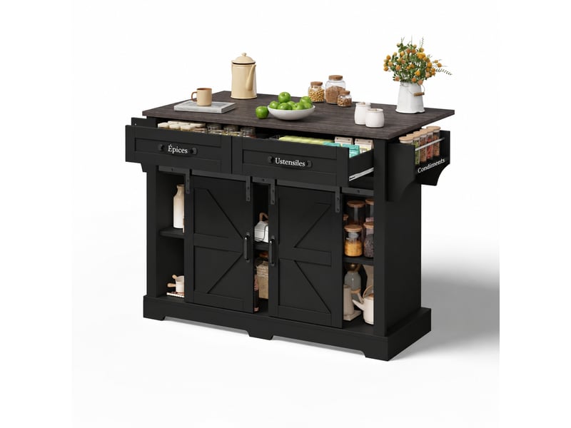  Îlot de cuisine avec plateau rabattable, 2 portes, 2 tiroirs, 120 x 45-70 x 91, noir  - Conforama A
