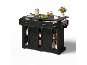 Îlot de cuisine avec plateau rabattable, 2 portes, 2 tiroirs, 120 x 45-70 x 91, noir