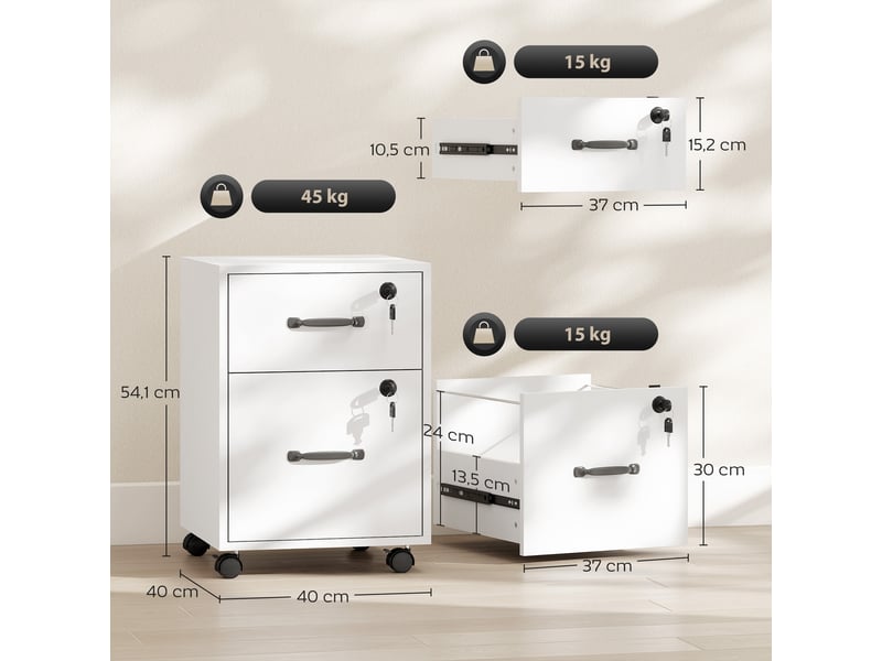  Caisson bureau mobile à 2 tiroirs, blanc, meuble rangement bureau sur roulettes pour documents suspendus format lettre  - Conforama C