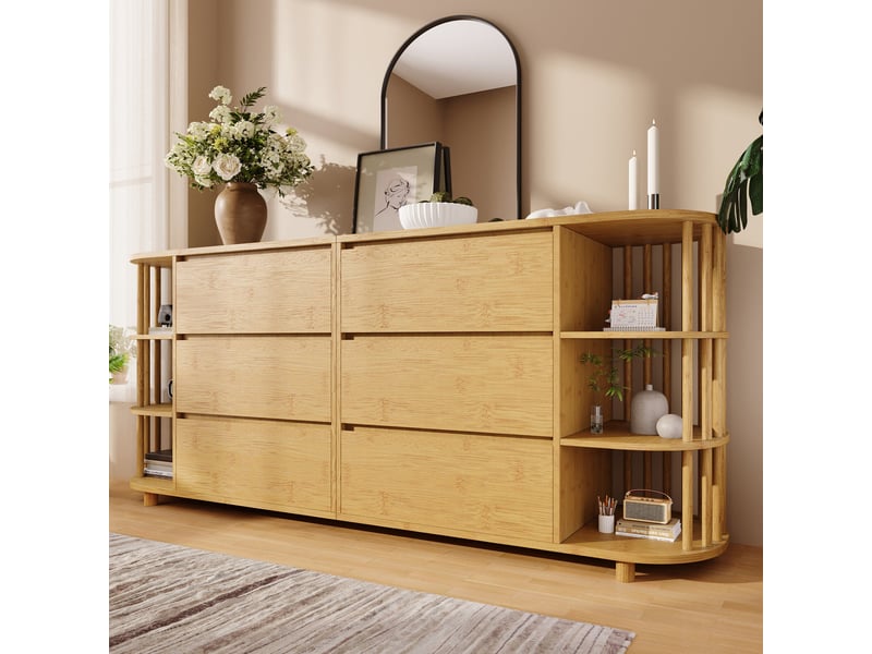 Buffet bahut salon salle à manger, 6 tiroirs, étagères ouvertes, grand rangement, 160x40x75 cm - chêne  - Conforama E