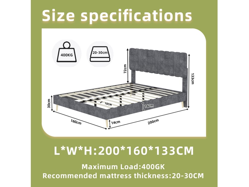  Lit rembourré 160 × 200 cm 2 places avec tête de lit douce, sans matelas, en tissu gris, structure métal  - Conforama D
