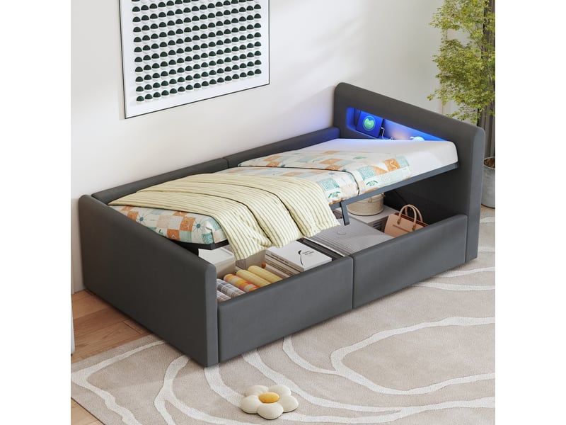  Lit coffre enfant 90x200 cm, led, port usb, espace de rangement, sommier, velours gris foncé, sans matelas  - Conforama W