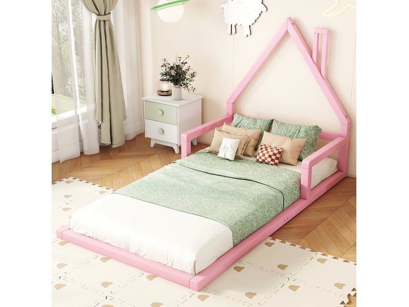  Lit cabane enfant 90x200 cm rose en pin et mdf, sommier à lattes  - Conforama D