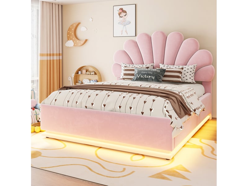  Lit double 140 × 200 cm avec coffre hydraulique, tête de lit fleurie et éclairage led rose pour chambre adulte  - Conforama E