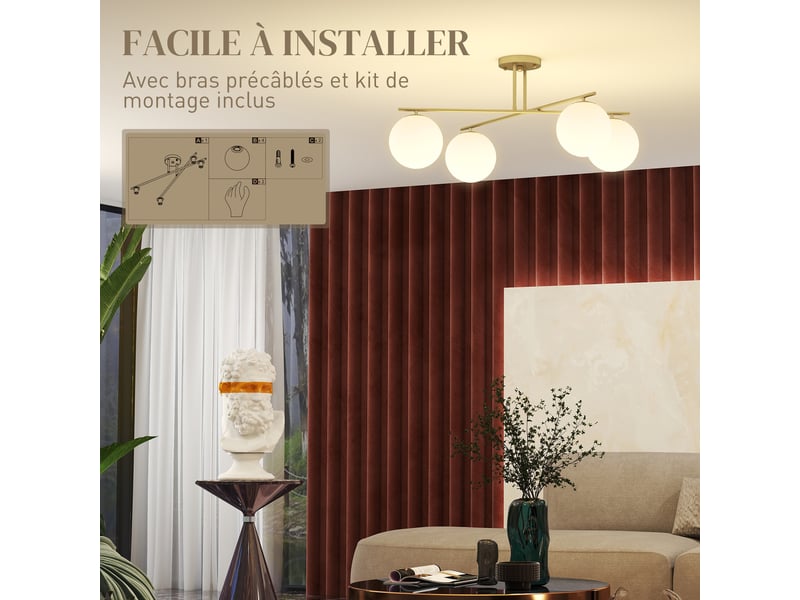 Plafonnier 4 lumières doré et crème, bras orientables à 360° avec culots e14 pour salon, cuisine ou chambre - Conforama D