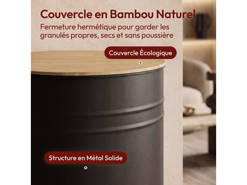  Casabel réservoir pellets &amp; granulés rond, cap. 45kg, métal noir, couvercle bambou, compact &amp; élégant, pour poêle  - Conforama E