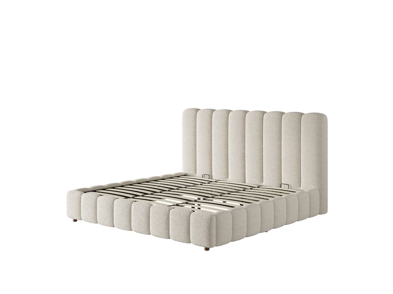  Lit coffre 180 × 200 cm, bouclé, sommier à lattes, tête de lit rembourrée, rangement, ouverture hydraulique, blanc  - Conforama A
