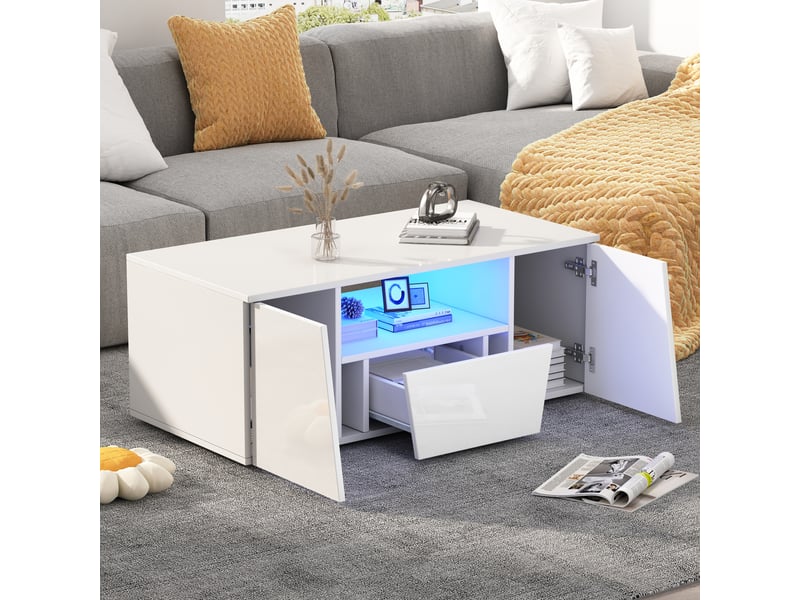 Table basse blanche brillante 100x50x40 cm, table de salon avec éclairage led, 2 placards et 1 tiroir, design asymétrique  - Conforama W