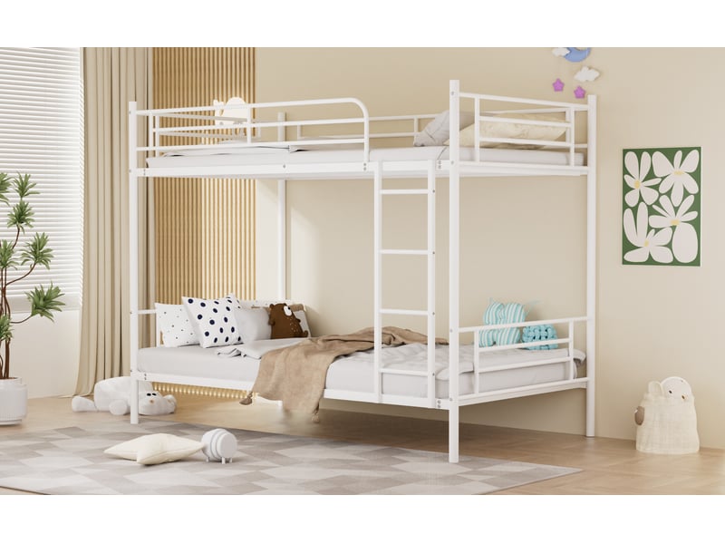  Lit superposé 2 places 90×190 cm, échelle et garde-corps - okmyhome- structure acier blanc, sans matelas  - Conforama E