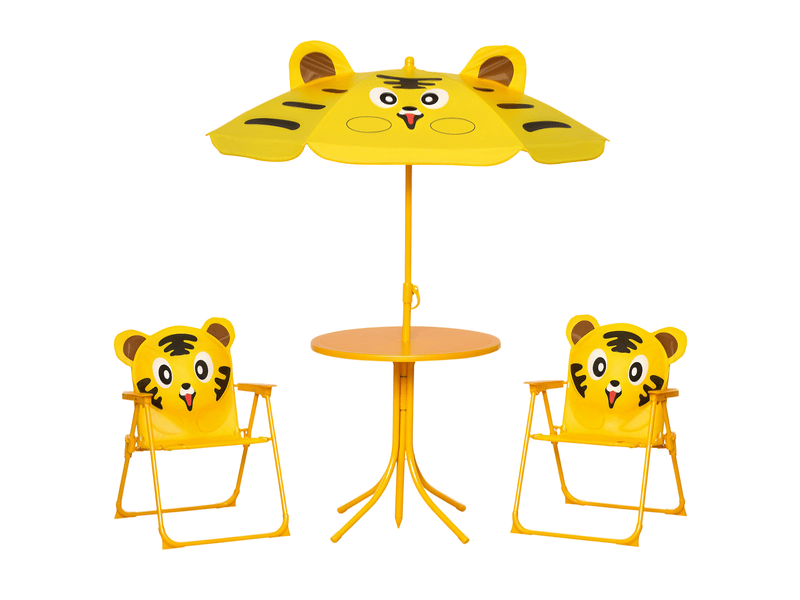 Ensemble de jardin 4 pièces pour enfants comprenant 2 chaises, un parasol et une table ronde, en tissu oxford acier et jaune. - Conforama A