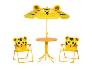 Ensemble de jardin 4 pièces pour enfants comprenant 2 chaises, un parasol et une table ronde, en tissu oxford acier et jaune.