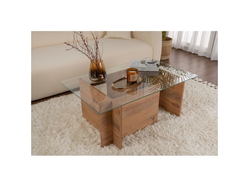  Table basse de salon en verre trempé et bois mdf mélaminé pin atlantique 105 x 65 x 40 cm  - Conforama B