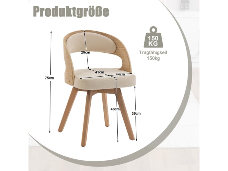  Ensemble de 2 chaises de salle à manger en bois, moderne, sièges pivotants, coussins coton-lin beige, dossier incurvé  - Conforama C