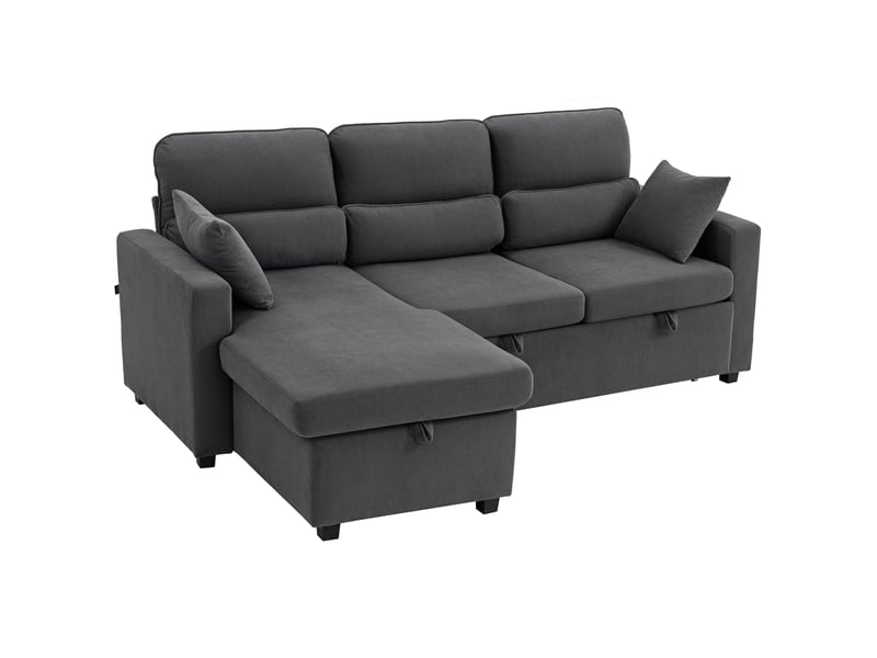  Canapé d'angle convertible en velours côtelé, canapé-lit 3 places avec rangement caché, coussins, gris, 205x135x76cm  - Conforama B