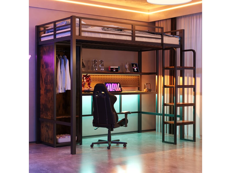  Lit mezzanine 90x200 cm avec échelle, grand bureau, panneau perforé, led, étagères et armoire - caisson - sans matelas  - Conforama B