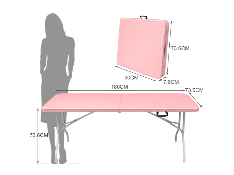 Table de jardin pliante 180 x 73,6 cm rose, plastique et métal, avec poignée pour rangement compact - Conforama C