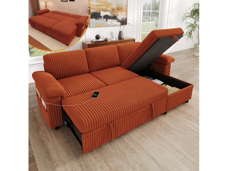  Canapé d'angle l modulable avec fonction lit escamotable, ottomane gauchedroite, orange  - Conforama C
