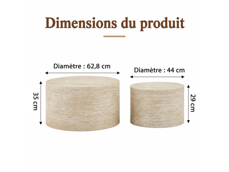  Lot de 2 tables basses gigognes rondes avec rangement, aspect bois naturel en mdf, table d'appoint pour salon, ø 62,8 cm et 44 cm  - Conforama C