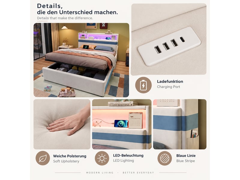  Lit double 140x200 cm en velours blanc et bleu avec coffre hydraulique, tête de lit avec led, usb et poches latérales.  - Conforama E