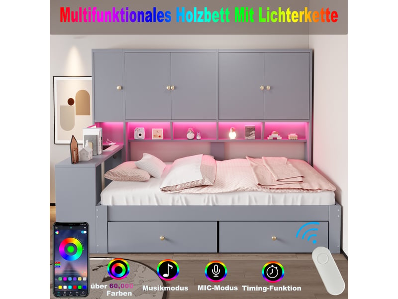  Lit multifonction 90x200 cm avec bureau intégré, rangements, led et prises, gris, sans matelas  - Conforama D
