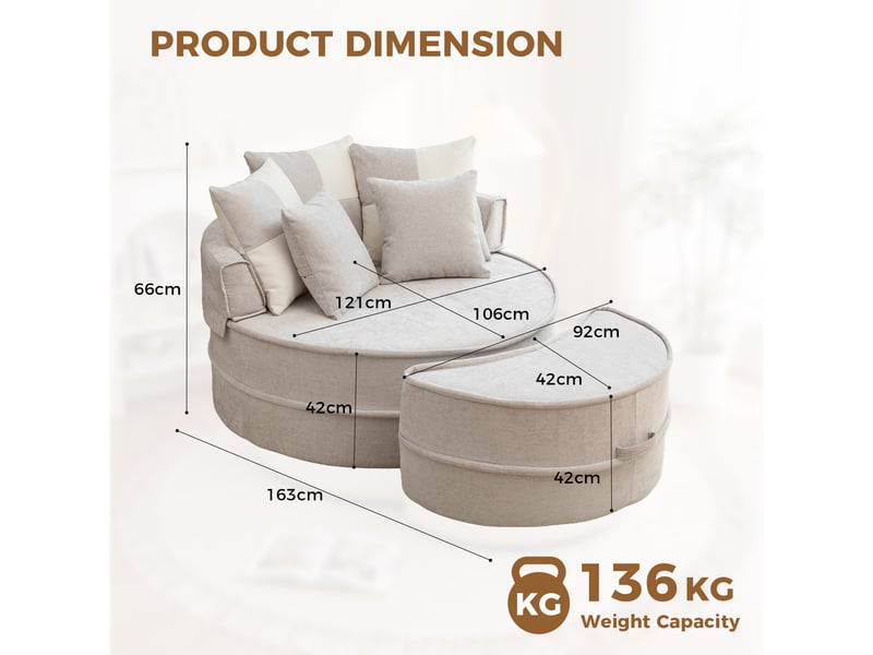  Fauteuil 1 place - 121x163x66 cm - fauteuil rond lounge xxl en tissu chenille avec 5 coussins et repose-pieds - gris  - Conforama E