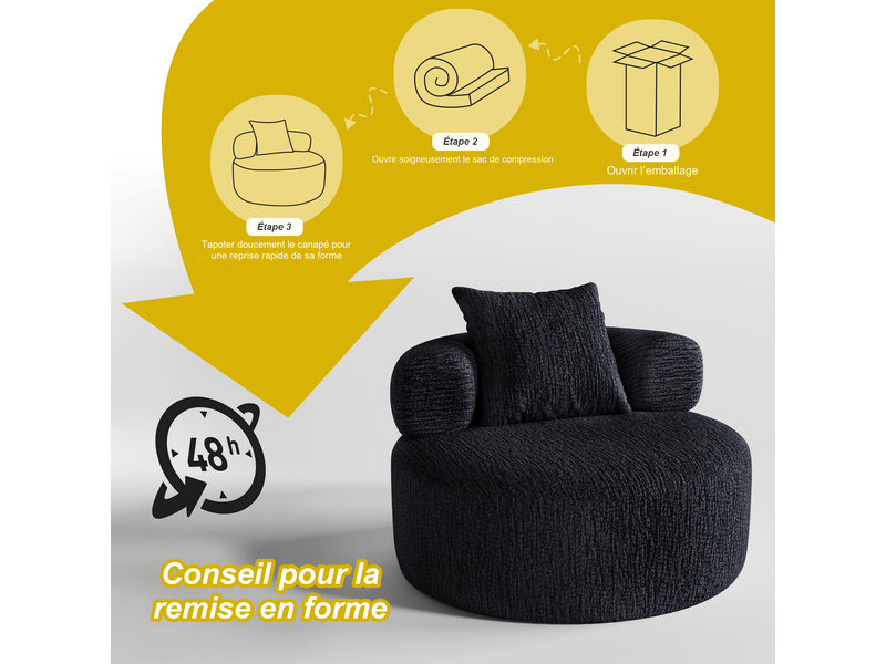  Fauteuil rond fixe 1 place en chenille noire 100 x 100 x 65 cm, mousse haute densité, avec coussin, salon bureau 100X100X65cm - Conforama R