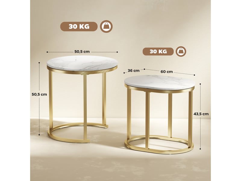  Lot de 2 tables basses tables d'appoint gigognes encastrables structure en acier et plateau en bois aspect or marbre  - Conforama C