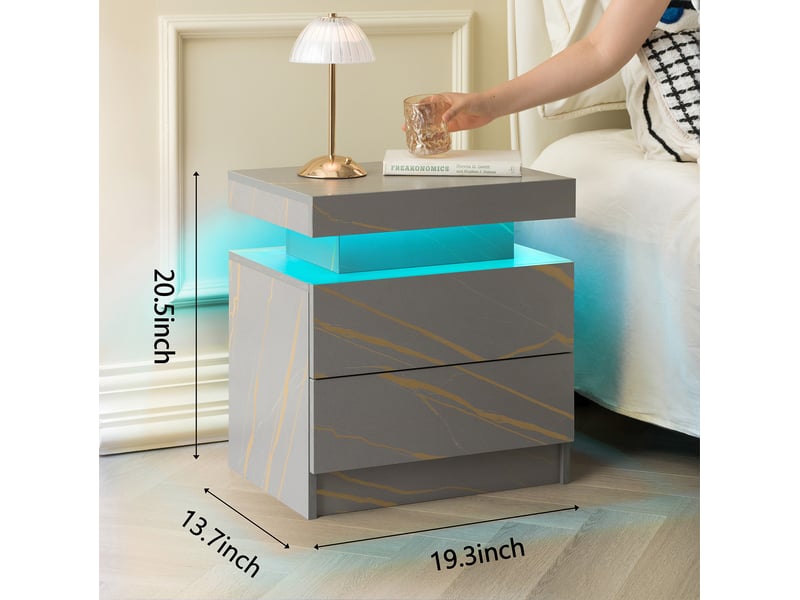  Table de chevet led moderne – 2 tiroirs, gris et doré – 50 x 53 x 36 cm  - Conforama D