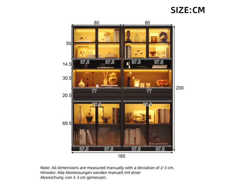  Vitrine haute 4 portes vitrées, tiroir, éclairage led - lpospi - commande par application, mdf noir 80 × 35 × 200 cm  - Conforama D