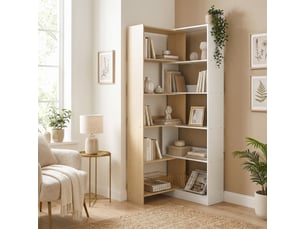 Bibliothèque d'angle, étagère à 5 niveaux, pivotante à 350°, coloris bois fruitéblanc