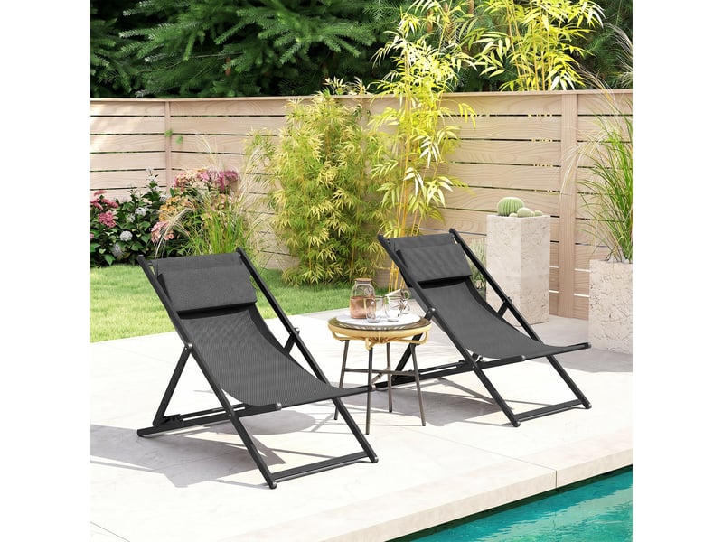  Ensemble de 2 chaises longues pliantes en aluminium avec dossier et appui-tête réglables sur 5 positions, 60 x 100 x 85 cm, gris  - Conforama C
