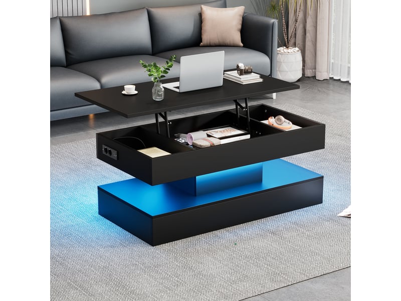  Table basse relevable noire avec éclairage led, plateau ajustable et rangement caché, 100x50x42 cm  - Conforama E