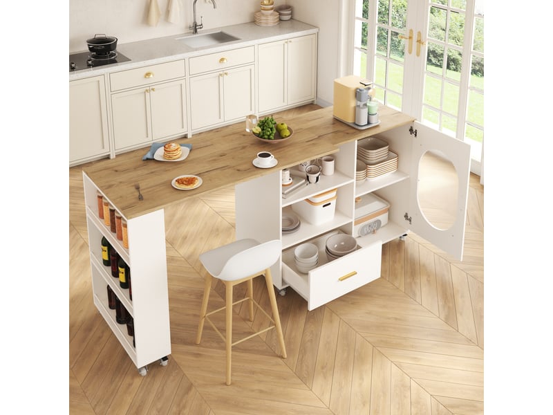  Desserte de cuisine, plateau pivotant à 360°, tiroir, placard et roulettes freinées 120–180×60×90 cm naturel et blanc  - Conforama C