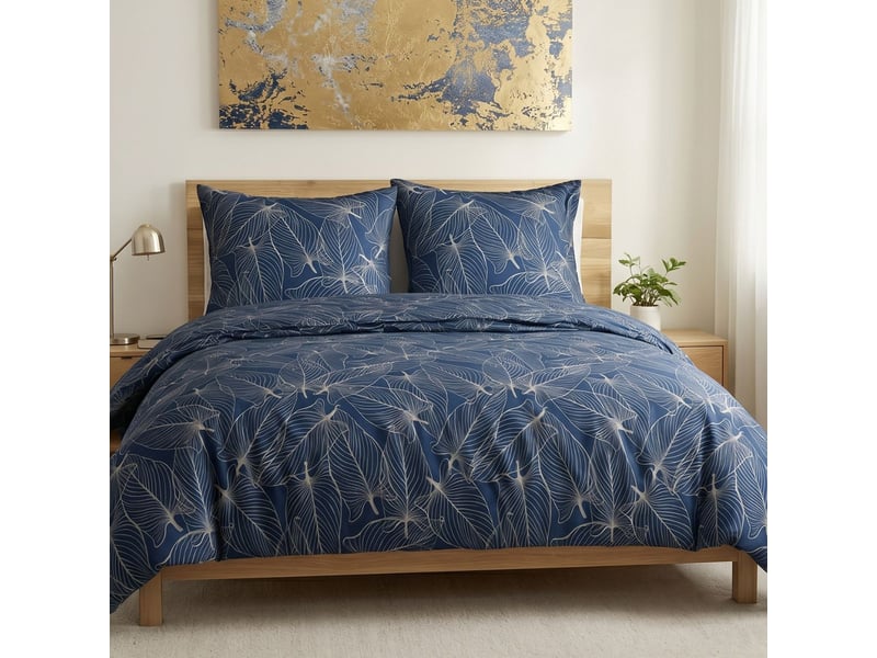  Parure housse de couette 240x220cm + 2 taies motif feuilles bleu et beige 100% coton - melda MELDA - Conforama A