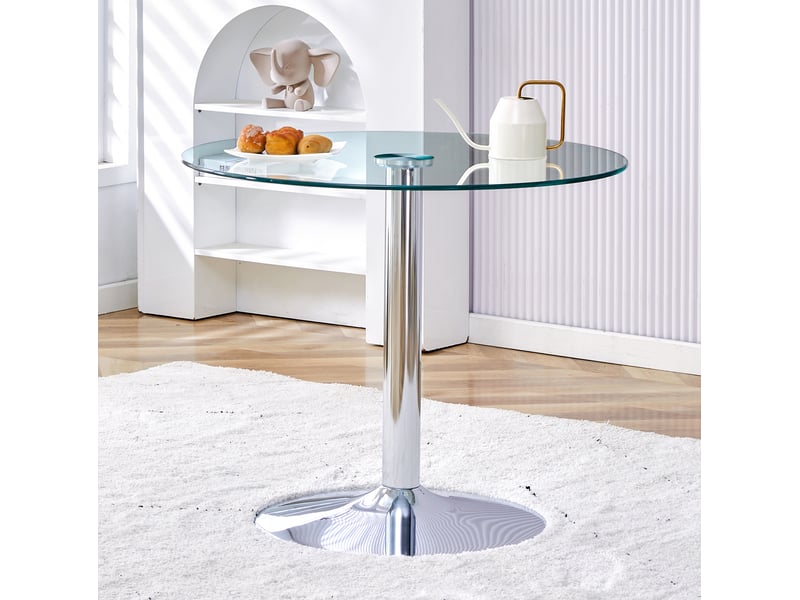  Table de salle à manger ronde en verre avec piètement métallique argenté pour cuisine, diamètre 85 cm, hauteur 76 cm  - Conforama D