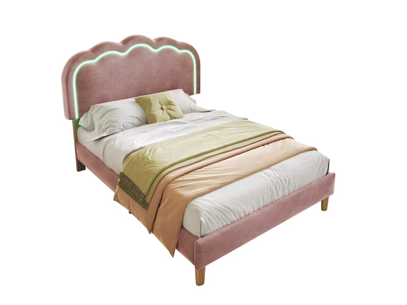  Modenvie lit simple capitonné 90x200 cm - tête de lit led réglable, sans matelas - rose  - Conforama A