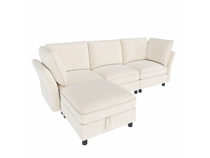 Canapé d'angle modulable 4 places 225x137x84 cm avec pouf coffre, 2 coussins d'accoudoir, assise à ressorts ensachés, chenille beige - Conforama A