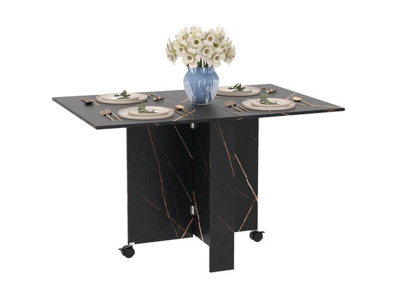  Table pliante cuisine table à manger pliable avec 2 abattants 2 roues avec freins 120 x 80 x 73 cm noir marbré imitation  - Conforama B