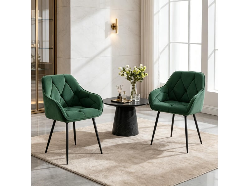  Chaises de salle à manger lot de 2 avec accoudoirs et dossier ergonomique  - pieds métal, velours - vert foncé  - Conforama C