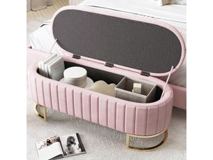 Banc de rangement rose 120 cm en velours avec coffre et pieds en métal