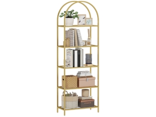 Bibliothèque étagère de rangement en verre à 5 niveaux arqué pour salon, bureau, chambre, 60 x 30 x 175 cm, doré