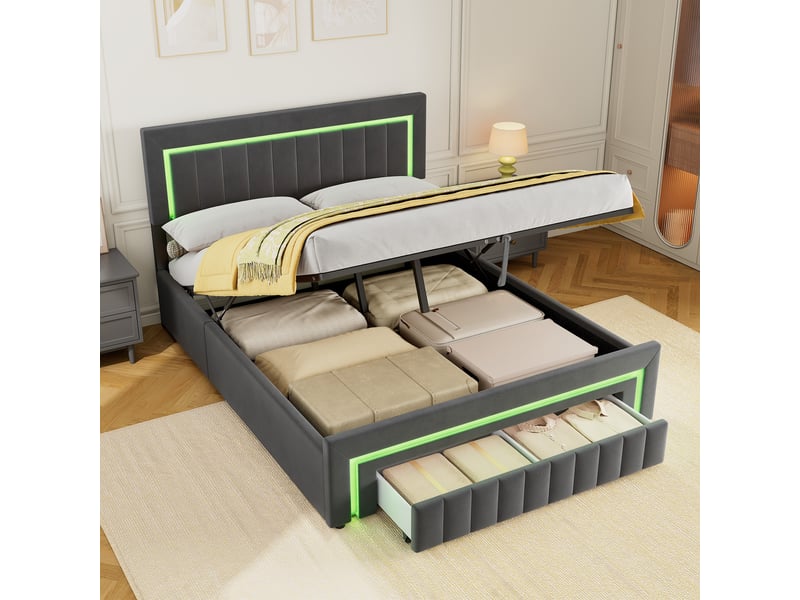  Lit coffre rembourré 160x200 avec led, tiroirs et rangement cravdom  - Conforama B