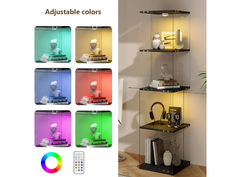  Vitrine verre rotative 360° - 38x38x160cm - bibliothèque pivotante 4 niveaux avec éclairage led multicolore tactile - noir  - Conforama D