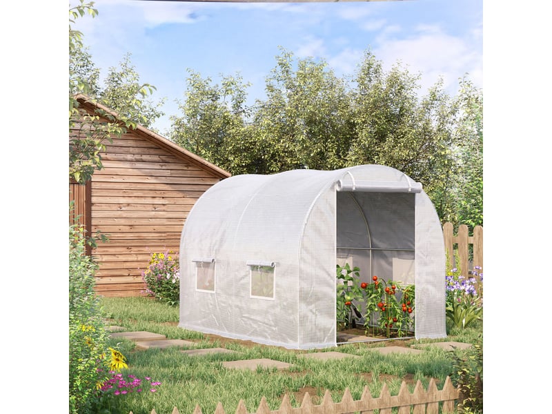  Serre de jardin tunnel 6 m² 3l x 2l x 1,9h m acier galvanisé renforcé diamètre 2,4 cm + pe haute densité fenêtres porte blanc  - Conforama C