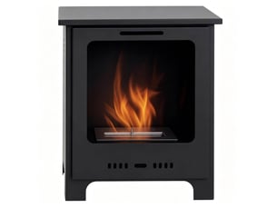 Cheminée au bioéthanol 40x30x50 cm noire en métal, sur pied avec brûleur inox 0,9 l, chauffe 20 à 25 m²