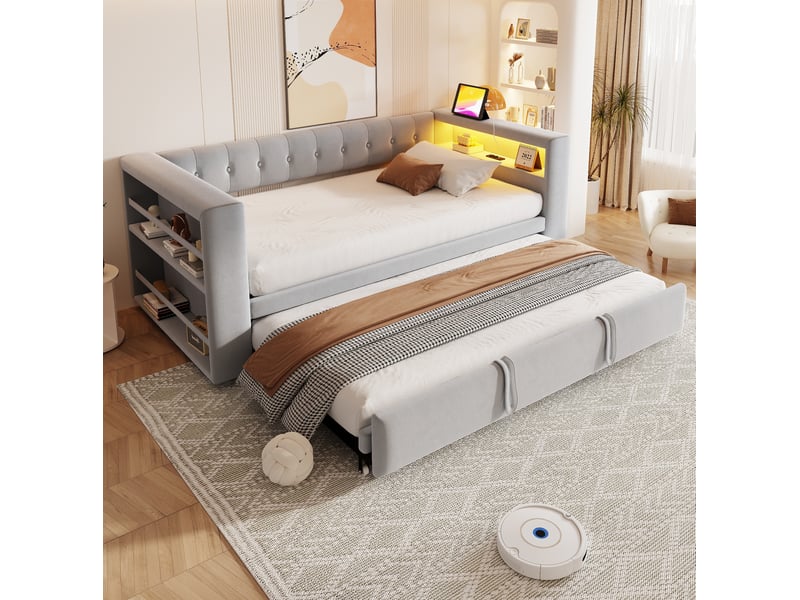  Lit gigogne 90180x190 cm avec led, prises et rangement mdf gris clair sans matelas  - Conforama B