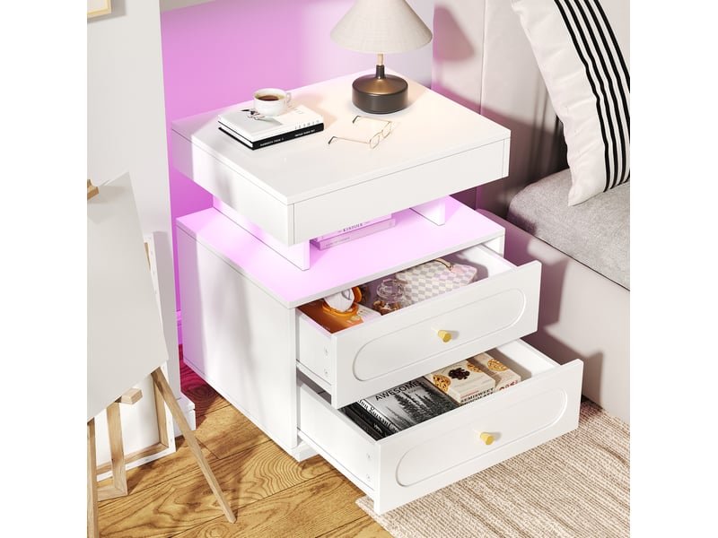  Chevet 50x40x60 cm, 2 tiroirs, led, design élégant et moderne, meuble chambre, rangement, panneau de particules, blanc  - Conforama B