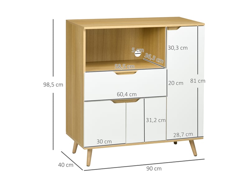 Meuble de rangement cuisine pour micro-ondes, 1 tiroir, 2 placards une étagère, bois et blanc, 90 x 40 x 98,5 cm  - Conforama C