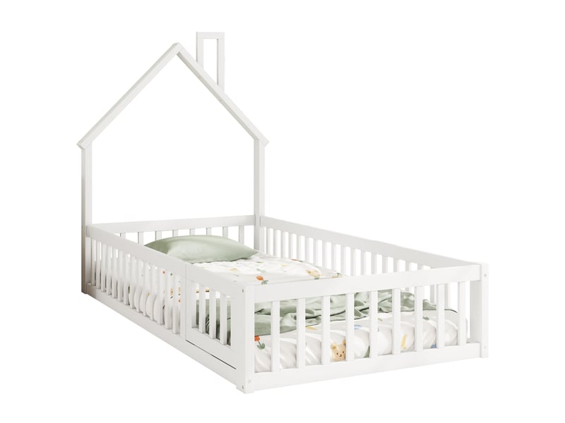  Lit cabane enfant 90x200 cm avec barrières et sommier à lattes blanc  - Conforama A